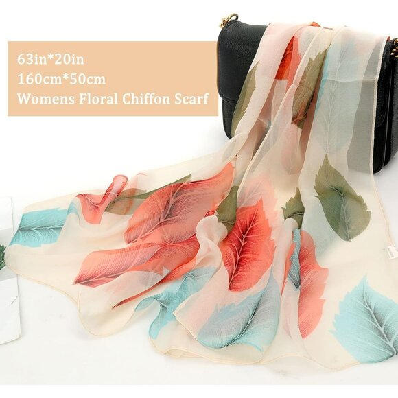 Women's Orange+blue Fashion Lightweight Head Scarf Floral Print Chiffon Scarves - Picture 3 of 6